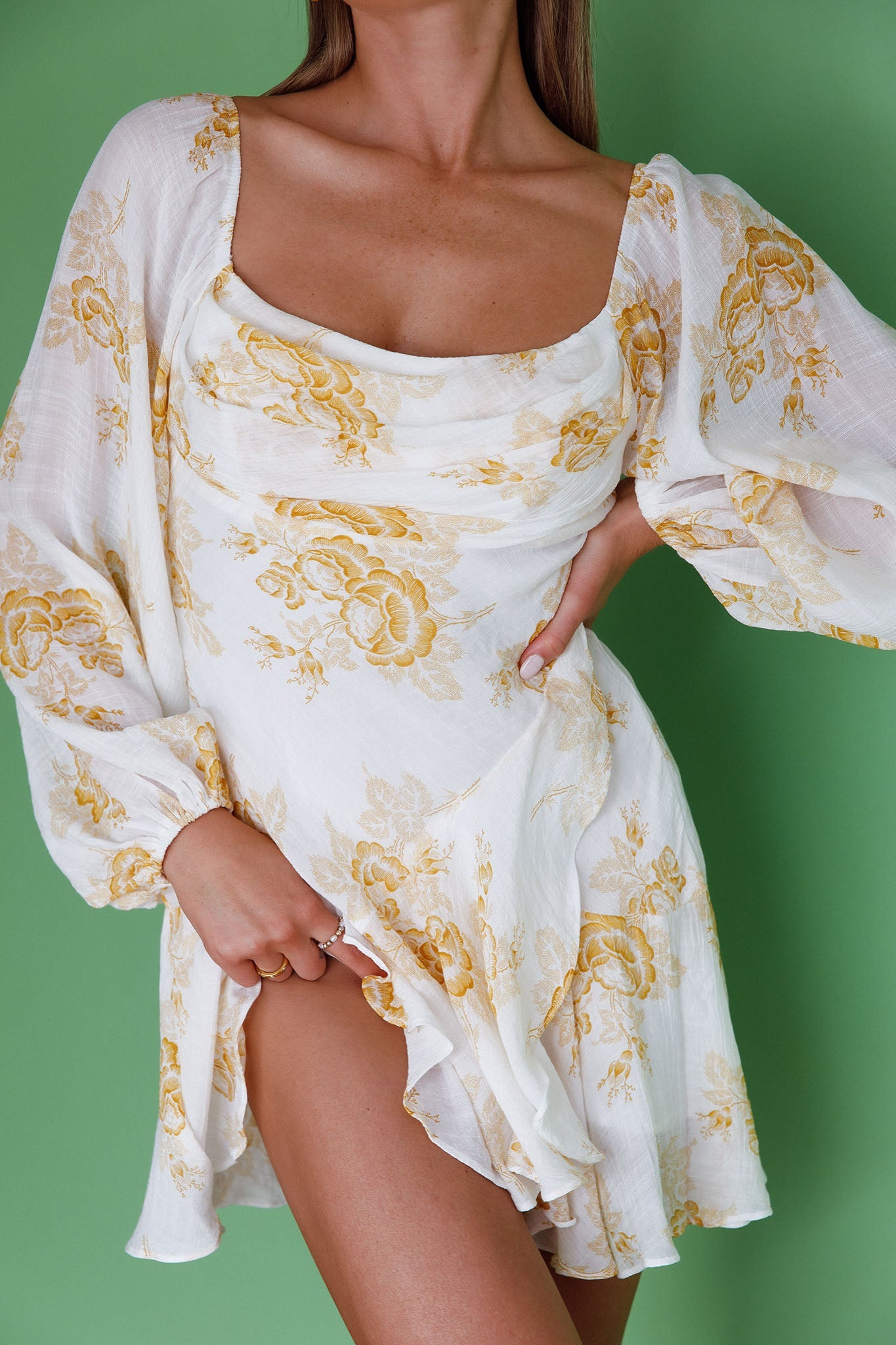 Beaujolais Long Sleeve Cowl Neckline Ruffle Mini Dress Floral Yellow