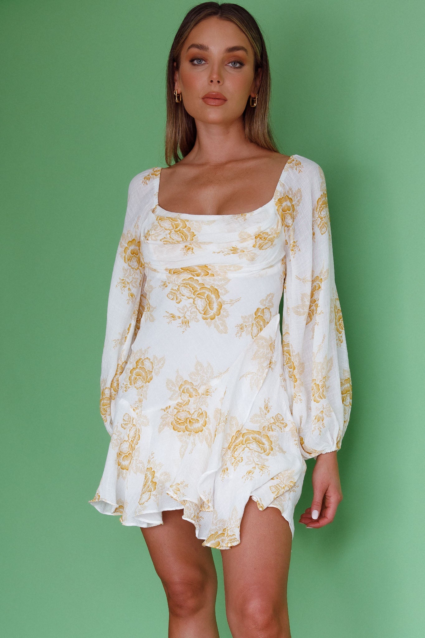 Beaujolais Long Sleeve Cowl Neckline Ruffle Mini Dress Floral Yellow