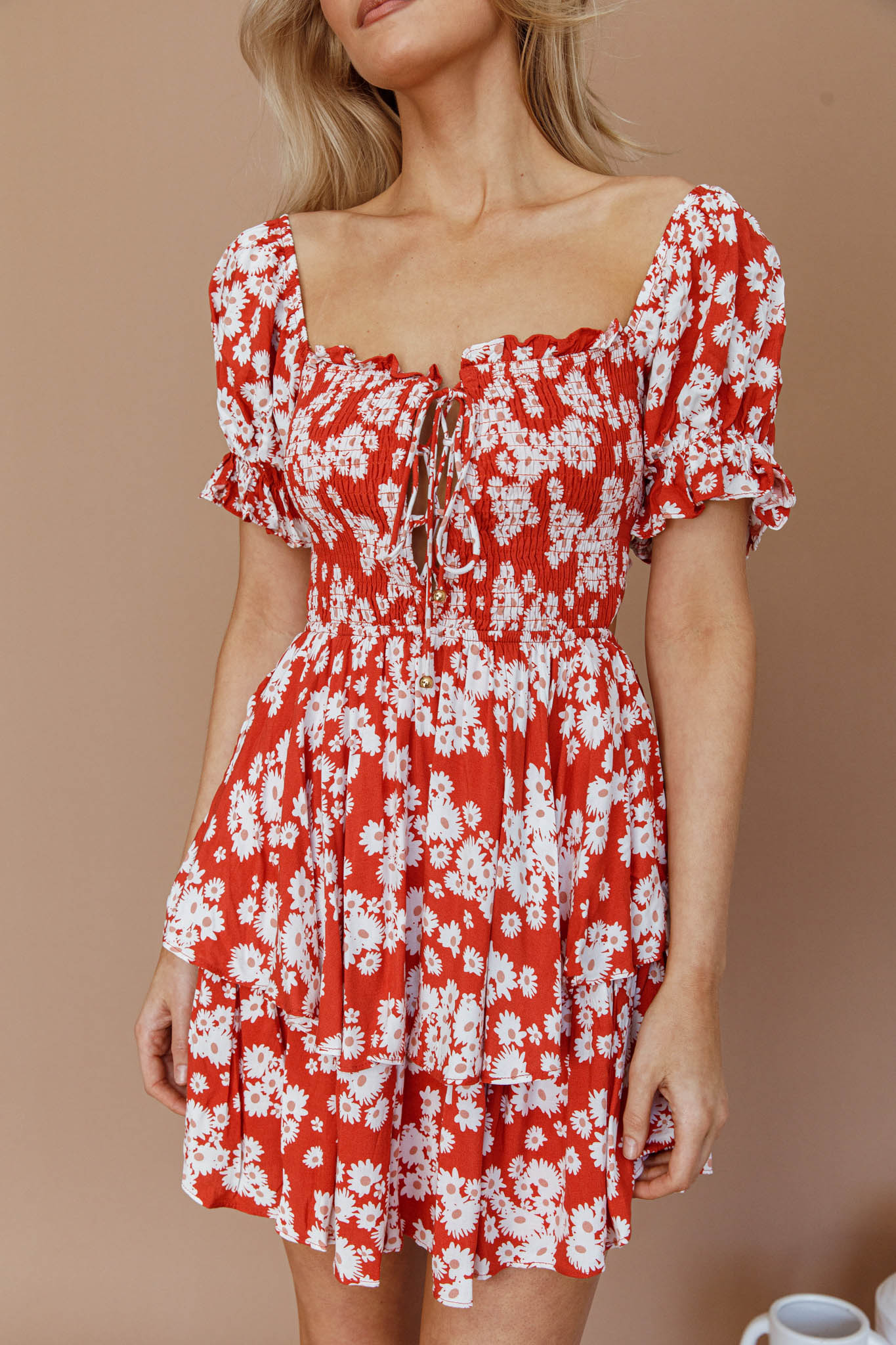 Buongiorno Bella Shirred Lace Up Mini Dress Floral Red