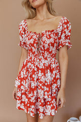 Buongiorno Bella Shirred Lace Up Mini Dress Floral Red