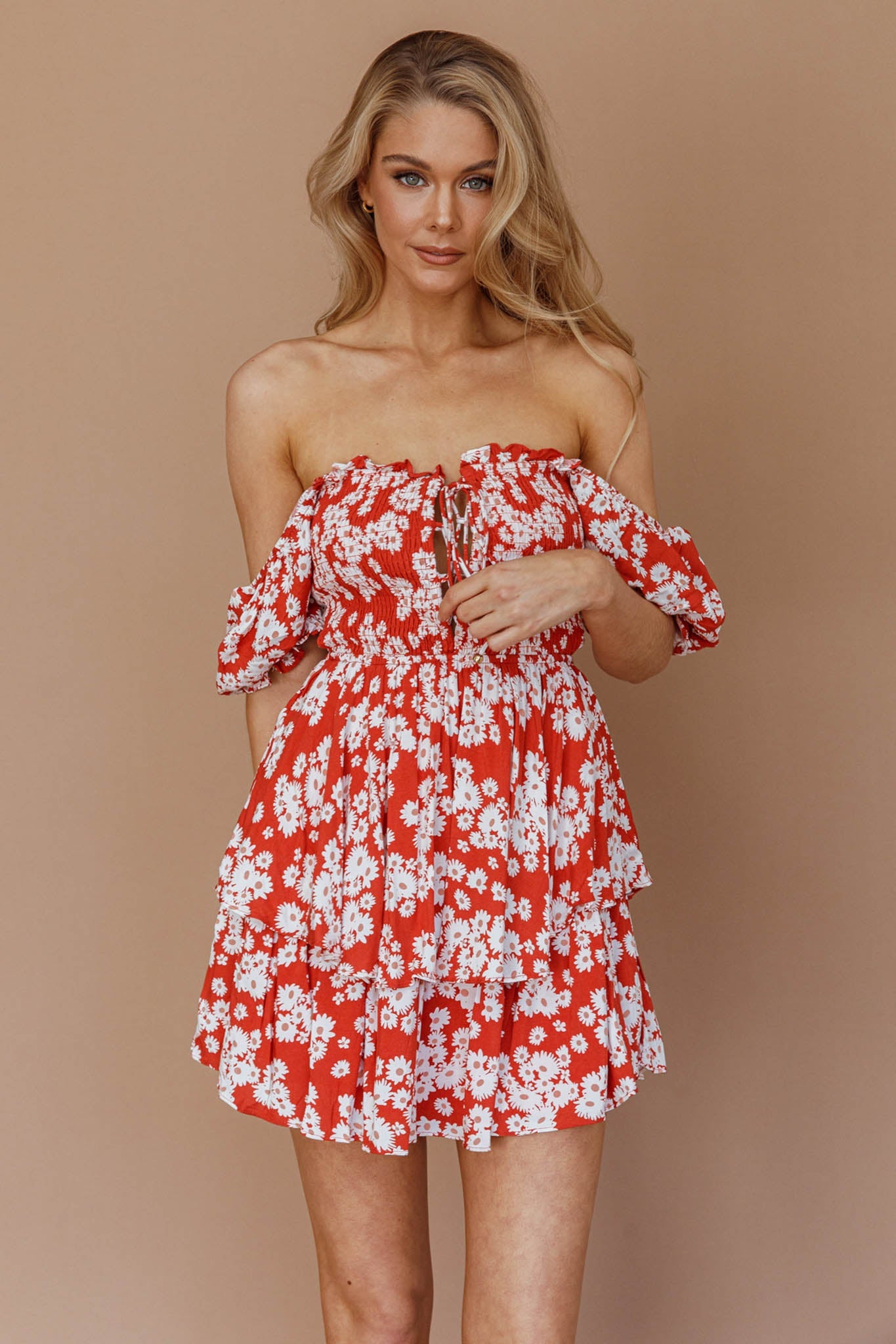 Buongiorno Bella Shirred Lace Up Mini Dress Floral Red