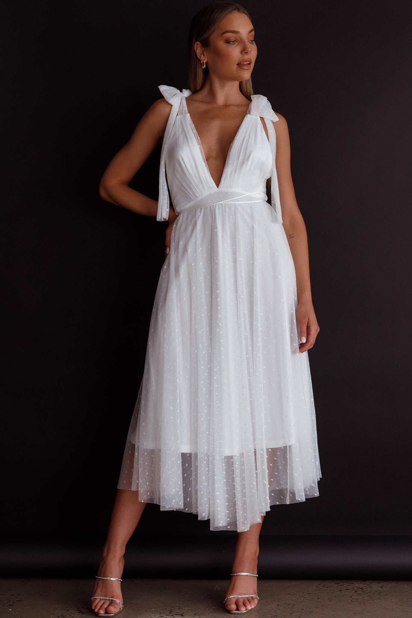 Kathryn Tied Shoulder Mesh Midi Dress White