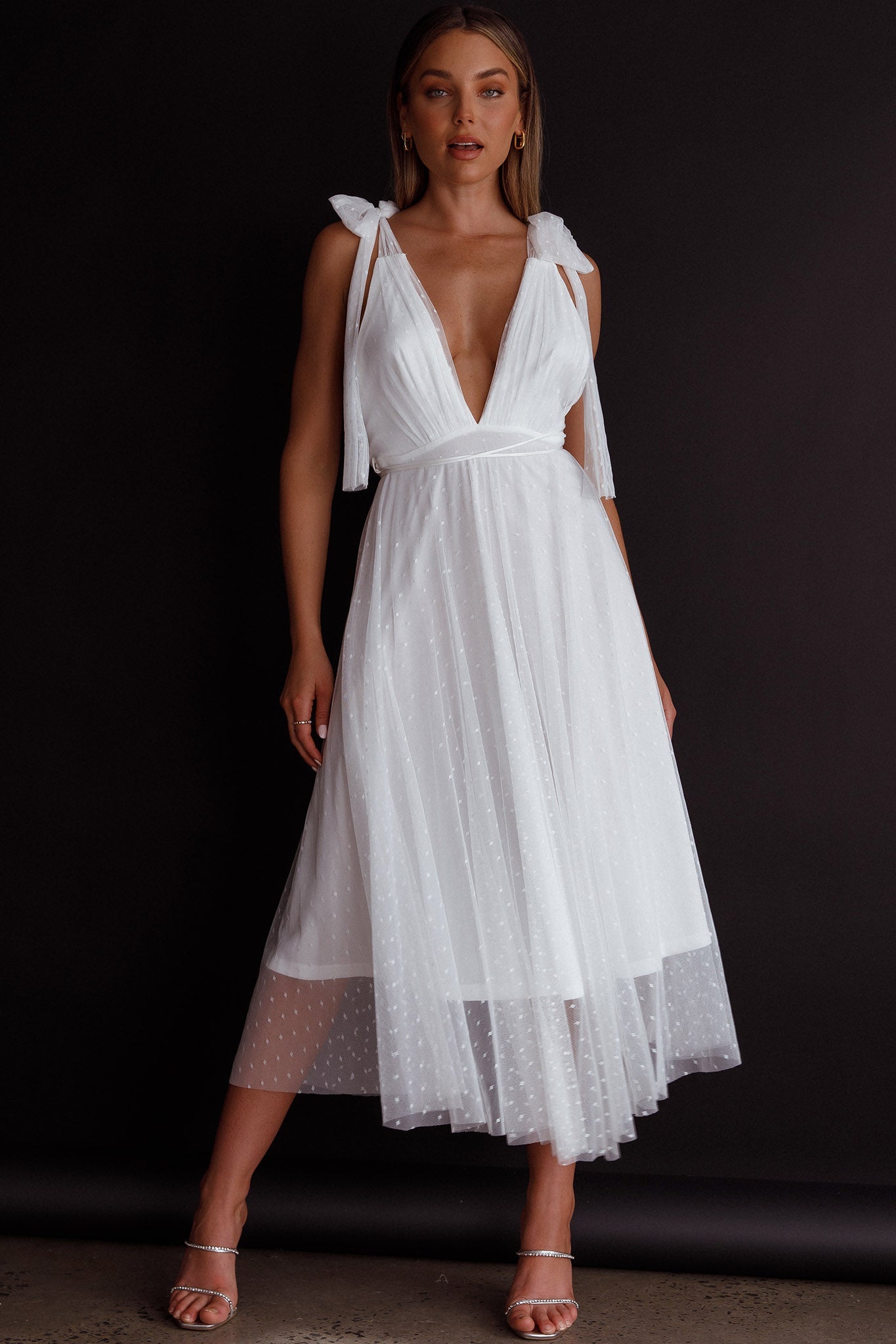Kathryn Tied Shoulder Mesh Midi Dress White