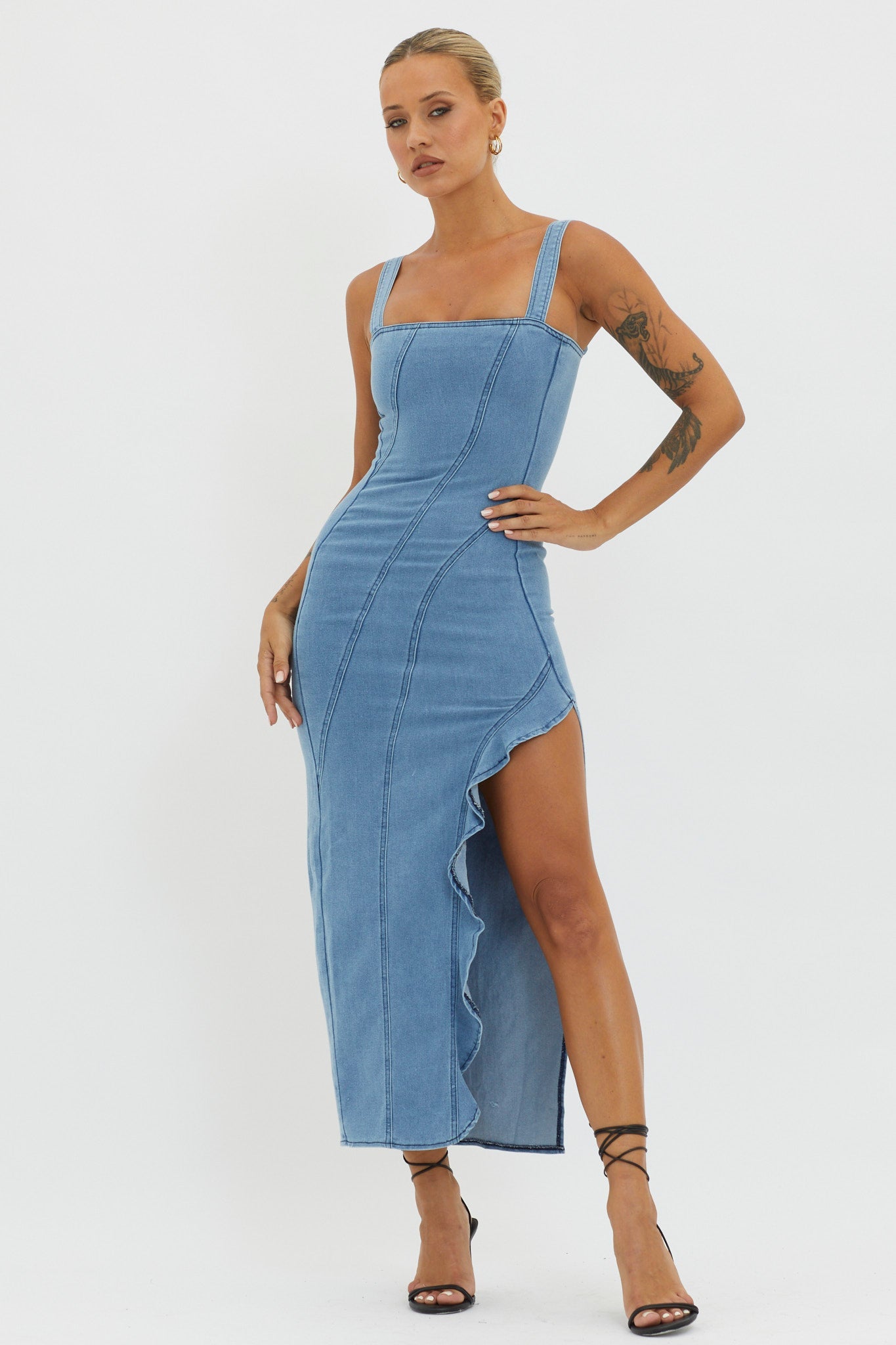 Catriona Ruffle Split Midi Dress Denim
