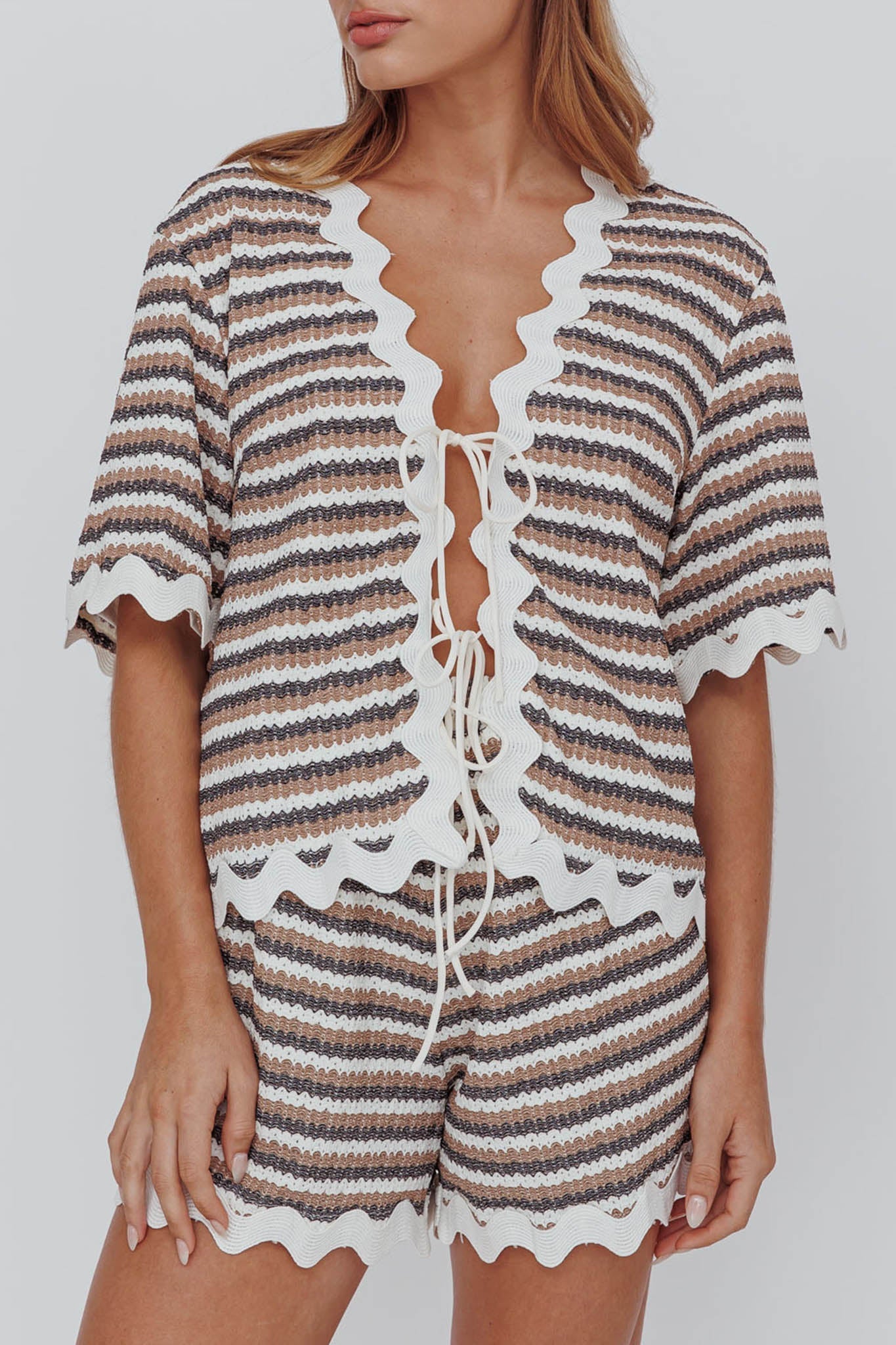 Breakaway Tie Front Shirt Stripe Mocha