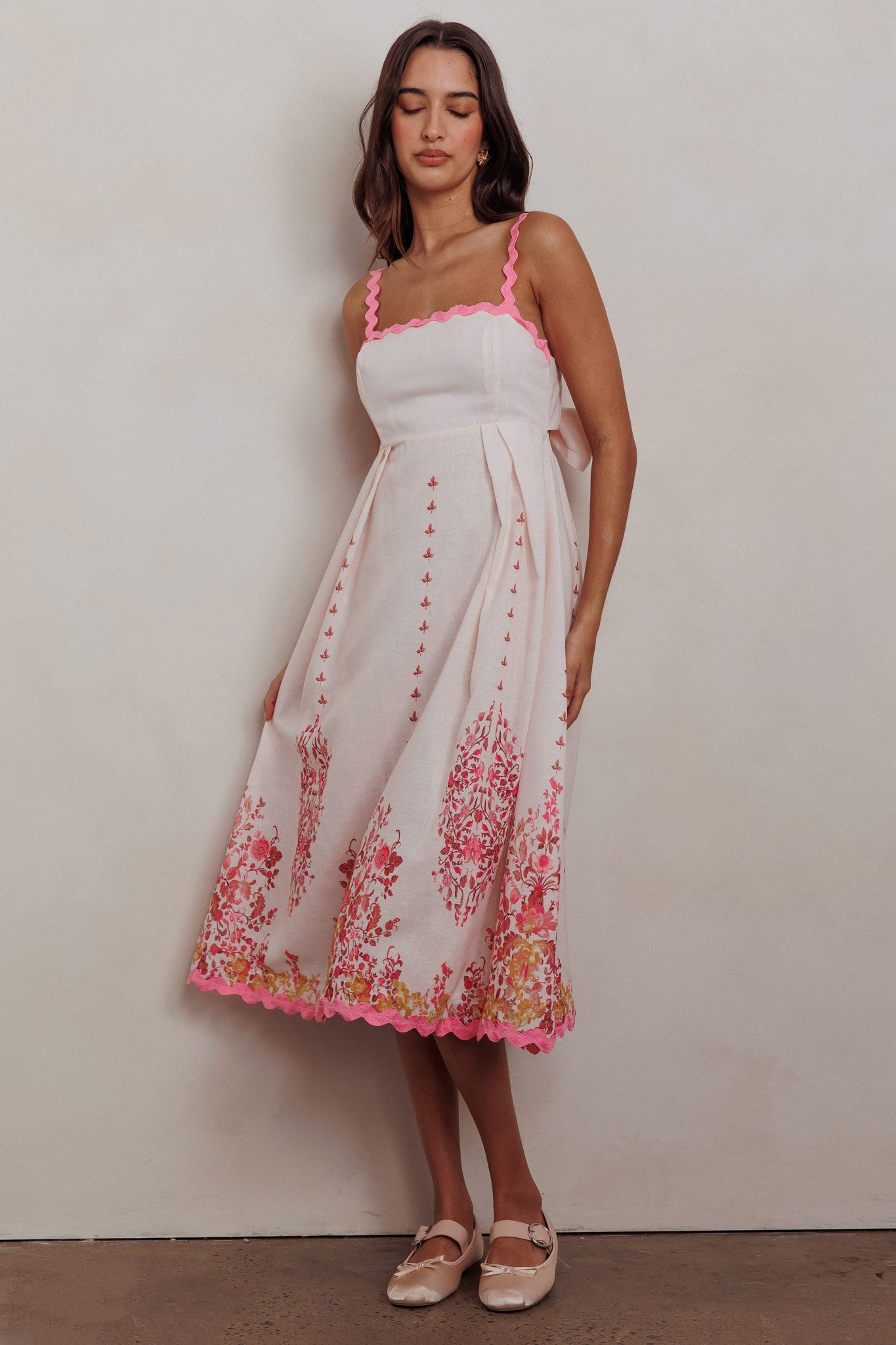 Asami Floral Print Ric Rac Trim Midi Dress Blush