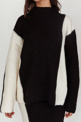 Eos Ribbed Mock Neck Knit Jumper Black Cream