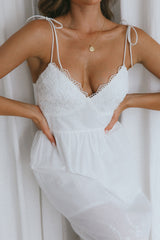 Lovers Lane Lace Trim Tied Strap Midi Dress White