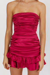 Annabella Strapless Tied Back Frill Hem Mini Dress Plum