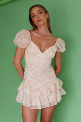 Annabella Puff Sleeve Tied Back Frill Hem Dress Floral Print Orange