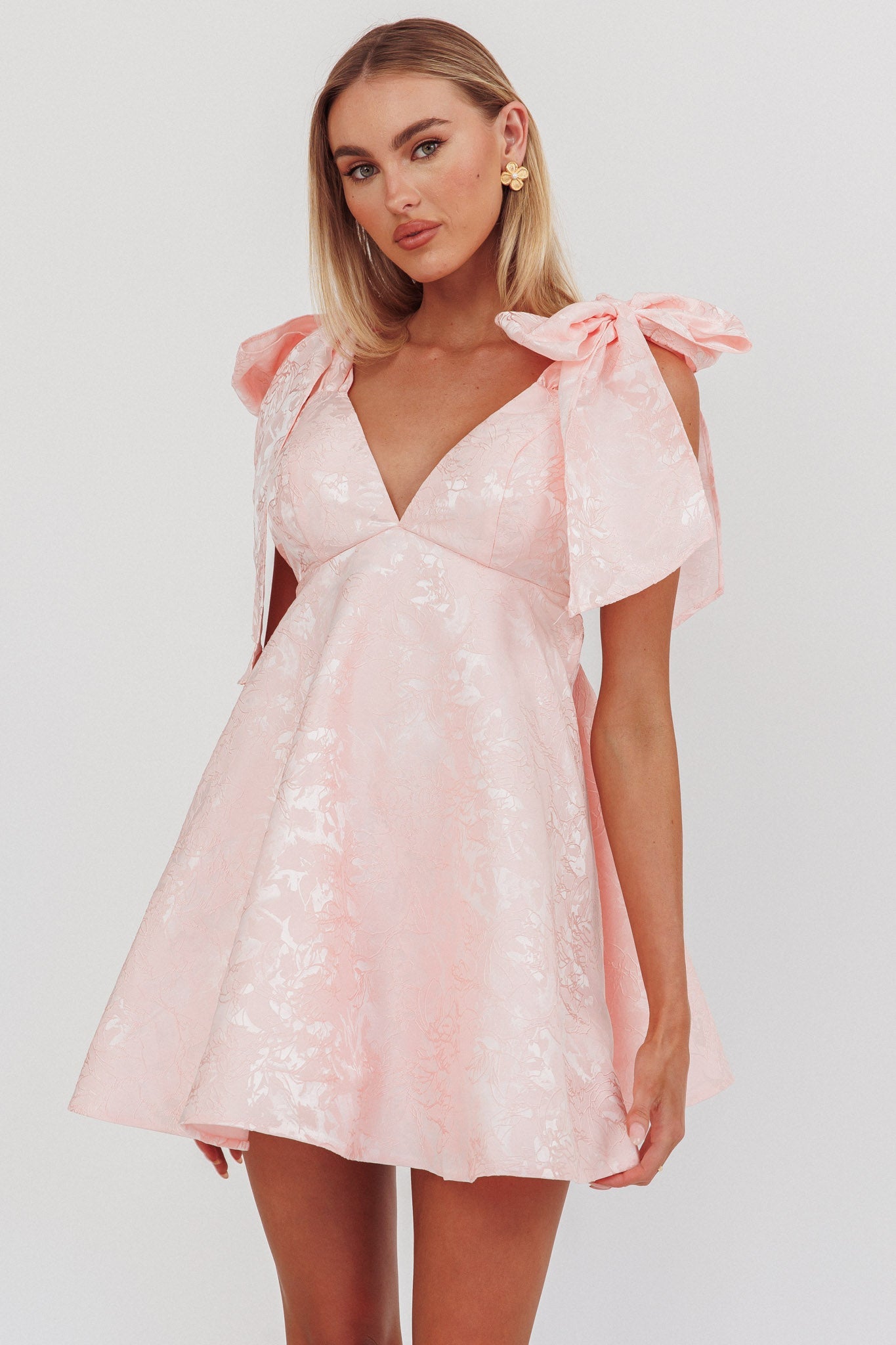 Chantilly Tied Shoulder Jacquard Mini Dress Blush