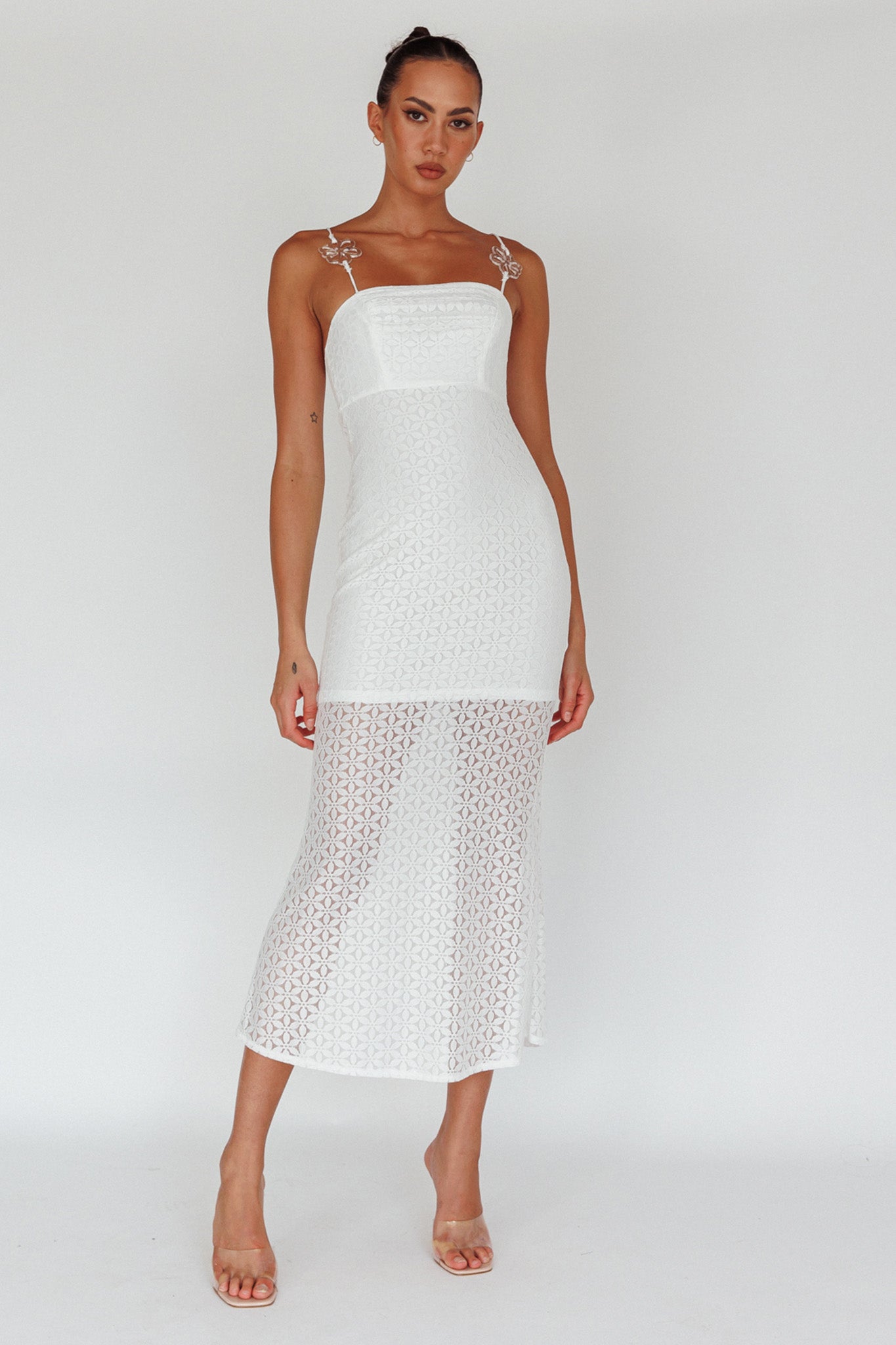 Lazy Daisy Flower Strap Midi Dress White