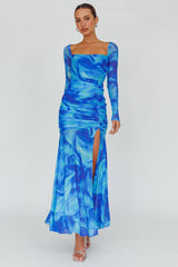 Apryl Long Sleeve Lace-Up Back Maxi Dress Blue