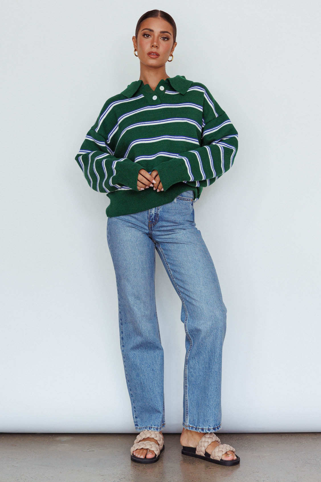 Boston Collared Knit Sweater Striped Forest Green