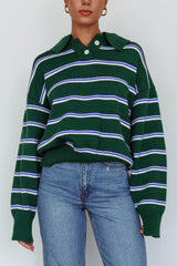 Boston Collared Knit Sweater Striped Forest Green