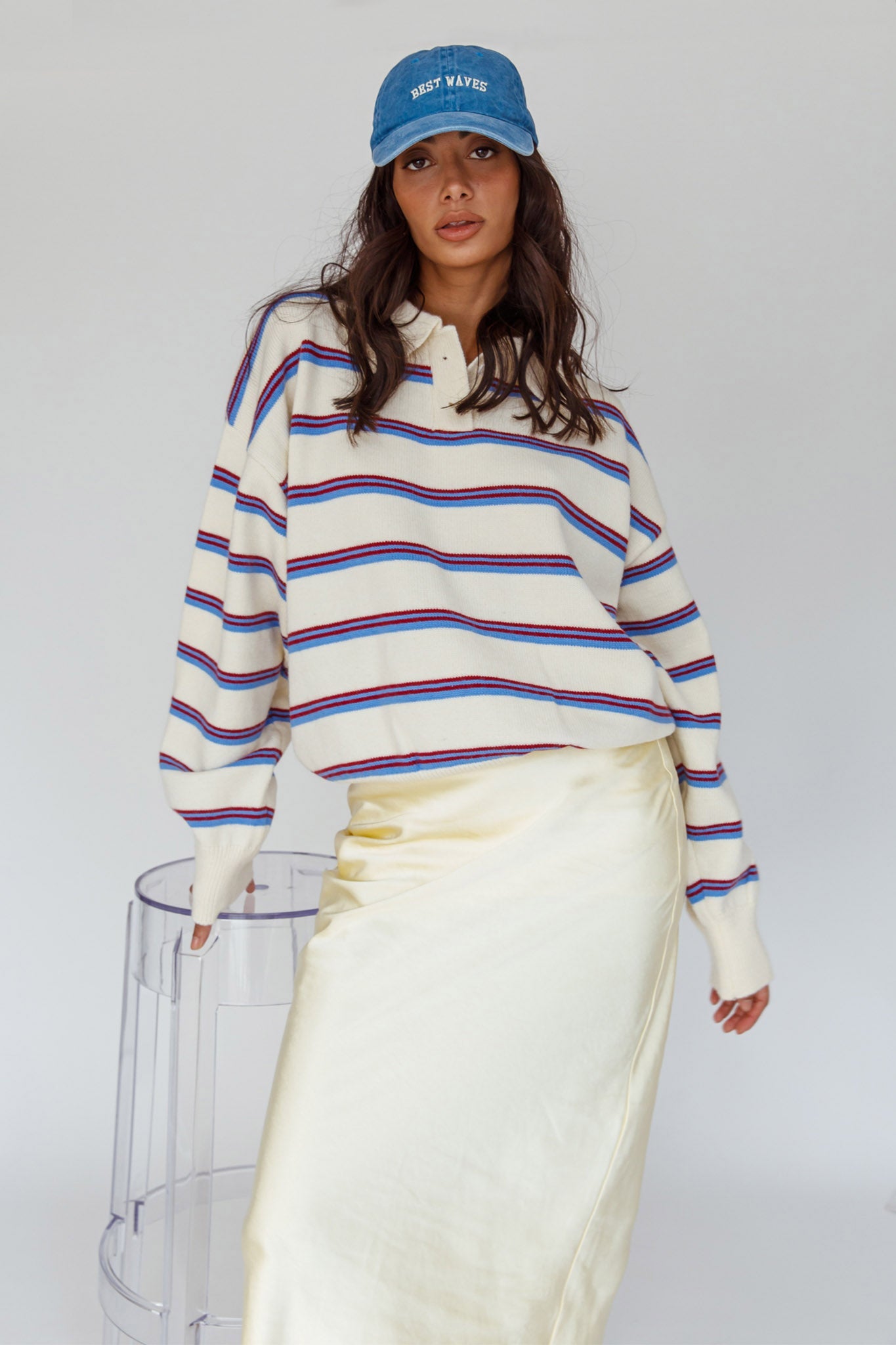 Boston Collared Knit Sweater Striped White
