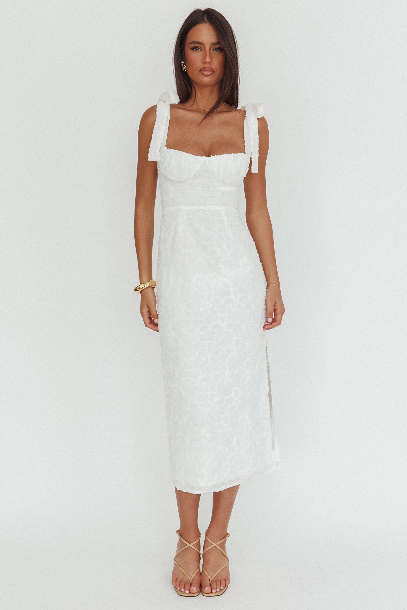 Cupid Tied Shoulder Embellished Midi Dress White