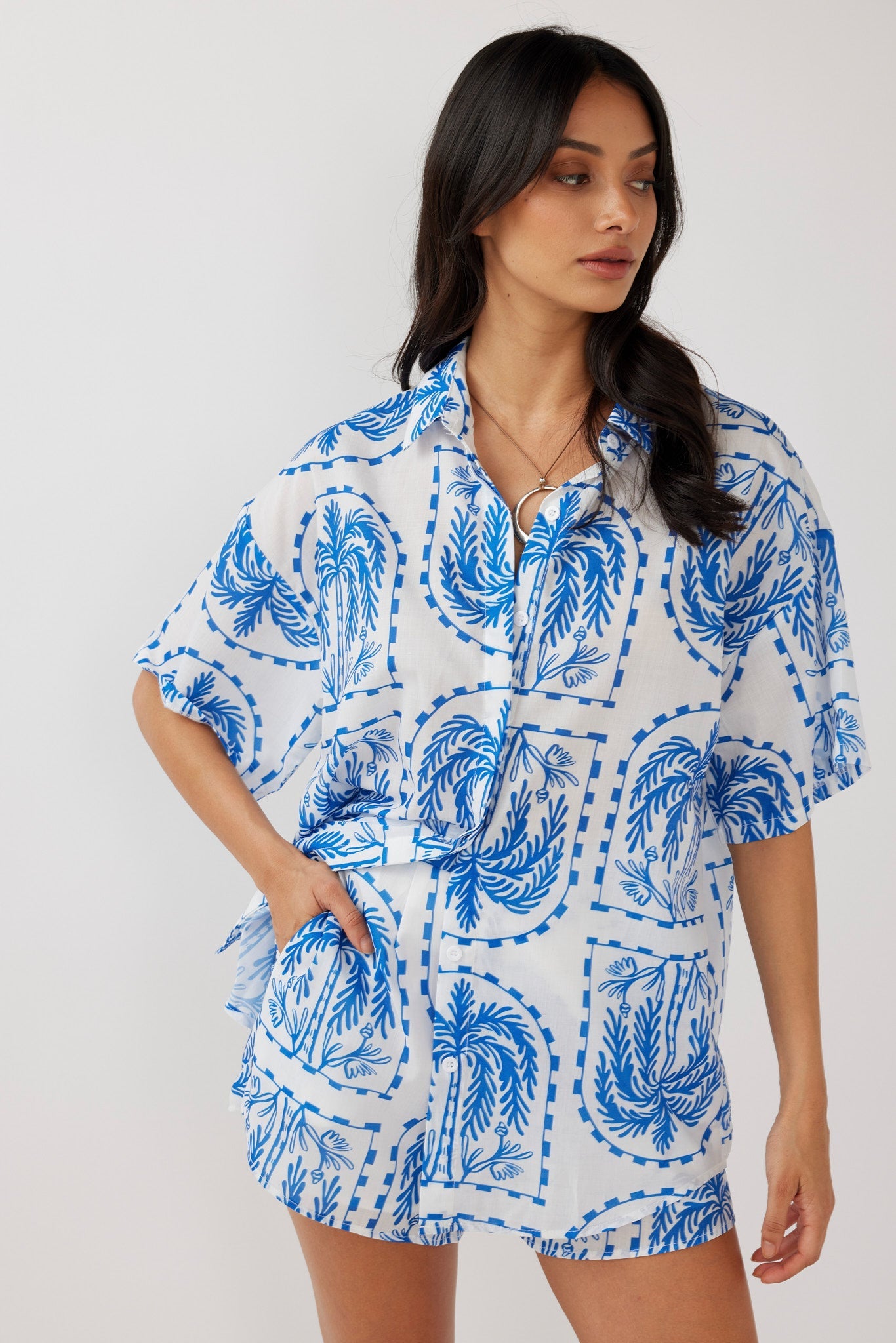 Cora Button-Up Shirt Print Blue White