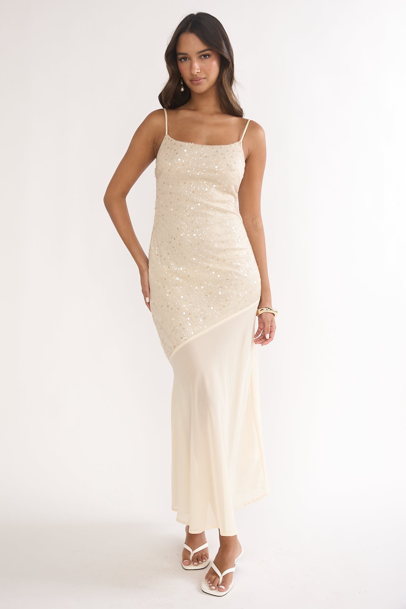 Gilded Dream Chiffon Hem Maxi Dress Sequin Oyster