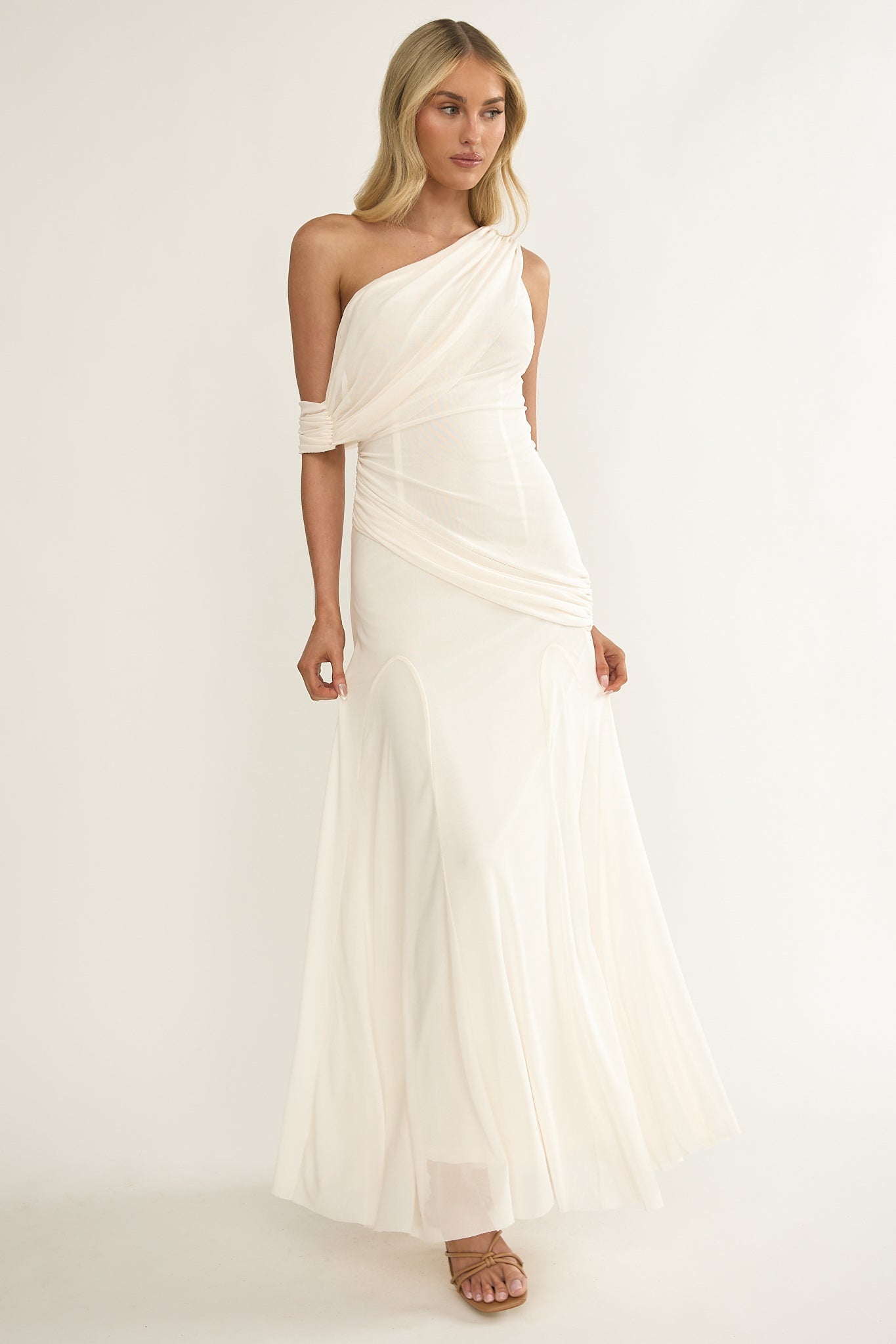 Anaisa Asymmetric Neckline Draped Maxi Dress Oyster