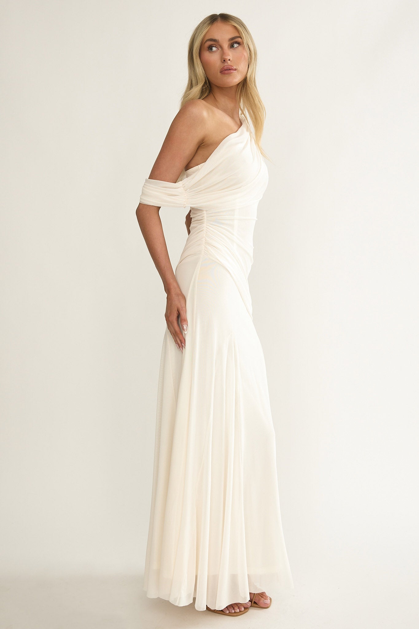 Anaisa Asymmetric Neckline Draped Maxi Dress Oyster