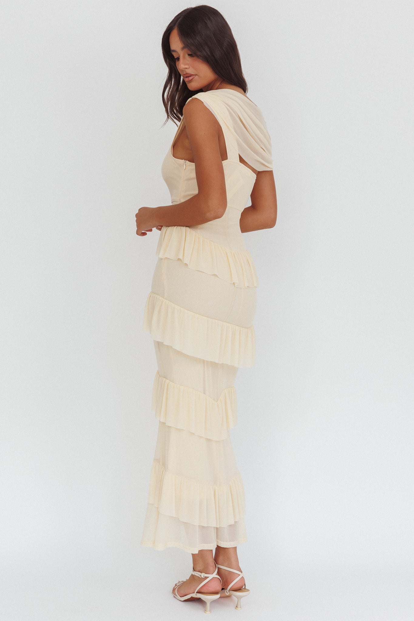 Anaisa Asymmetric Neckline Frill Maxi Dress Cream
