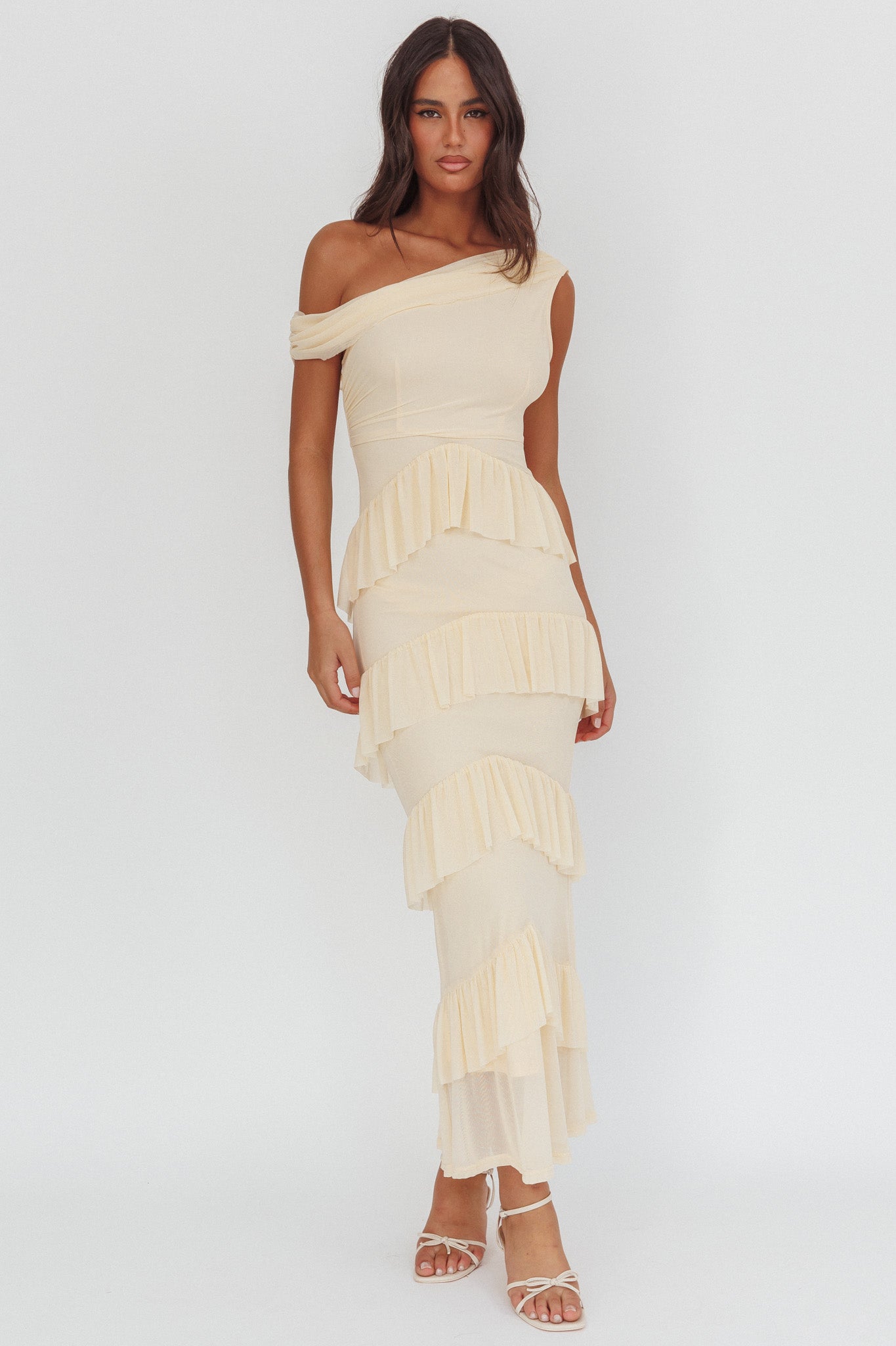 Anaisa Asymmetric Neckline Frill Maxi Dress Cream