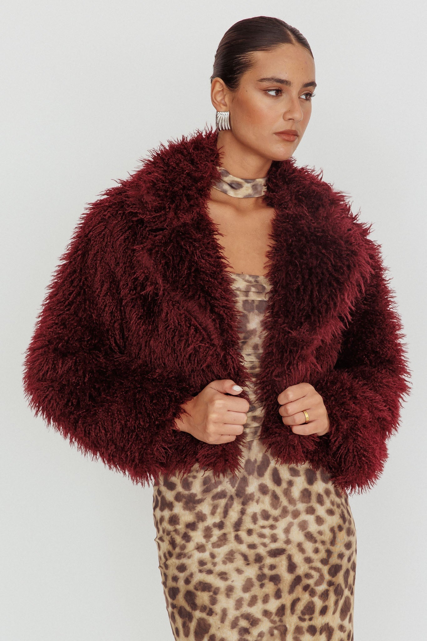Aland Fuzzy Faux Fur Jacket Wine