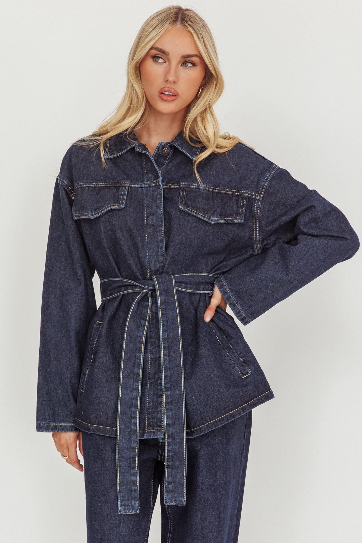Belisse Waist Tie Button Jacket Denim Blue