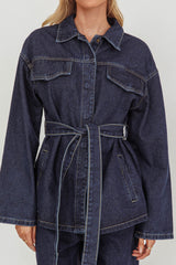 Belisse Waist Tie Button Jacket Denim Blue