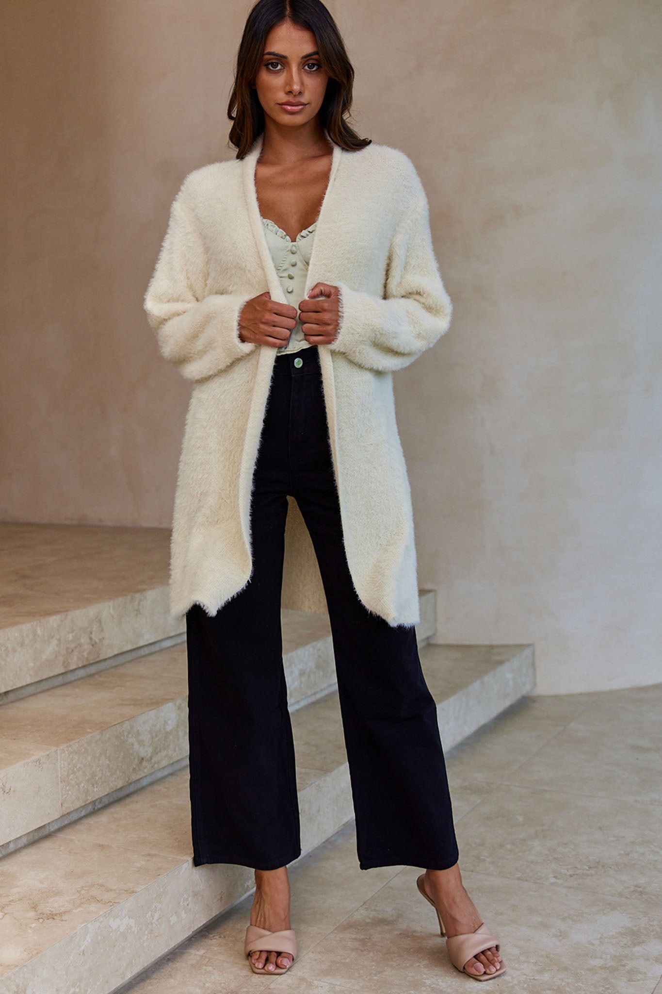 Hold The Phone Long Sleeve Fuzzy Duster Cardigan Cream