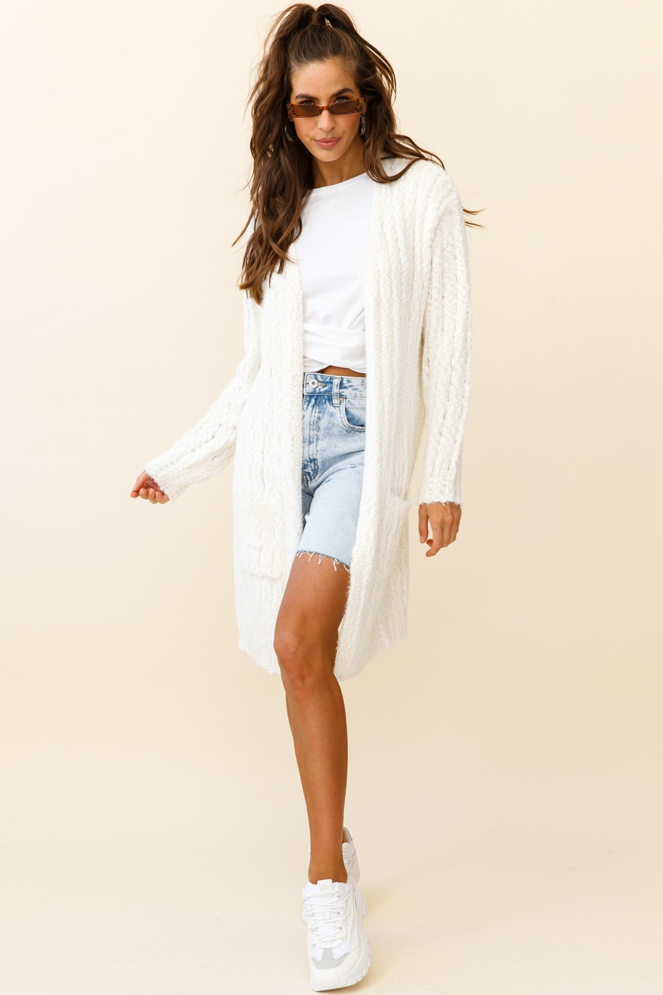 Fredricka Long-Line Knit Cardigan White