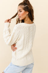Bestie Pom Pom Detail Cable Knit Sweater Cream