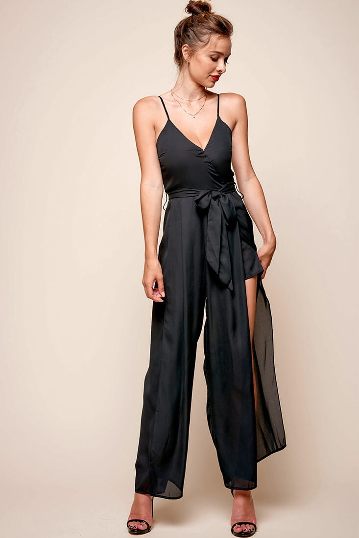 Carrie High Slit Chiffon Jumpsuit Black