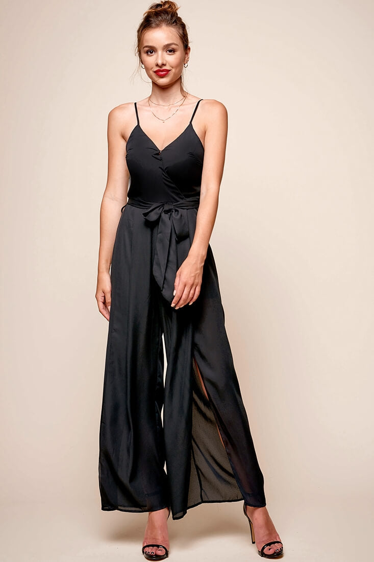 Carrie High Slit Chiffon Jumpsuit Black