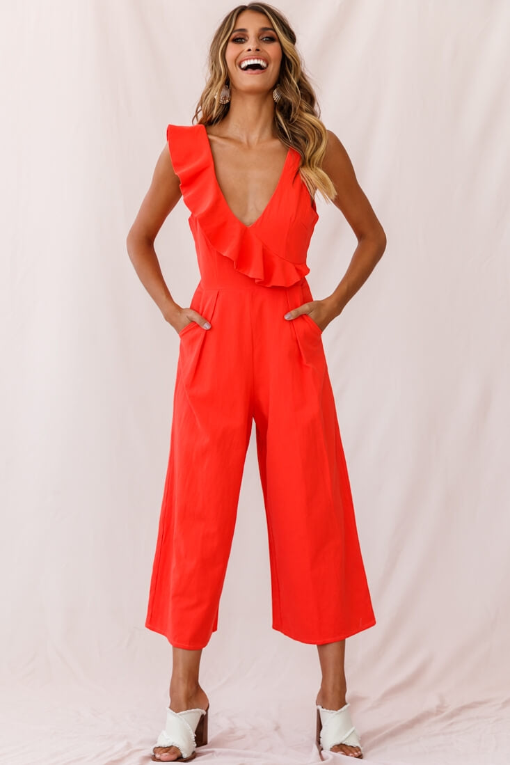 Cheryl Ruffle Strap Wide Leg Jumpsuit Tangerine
