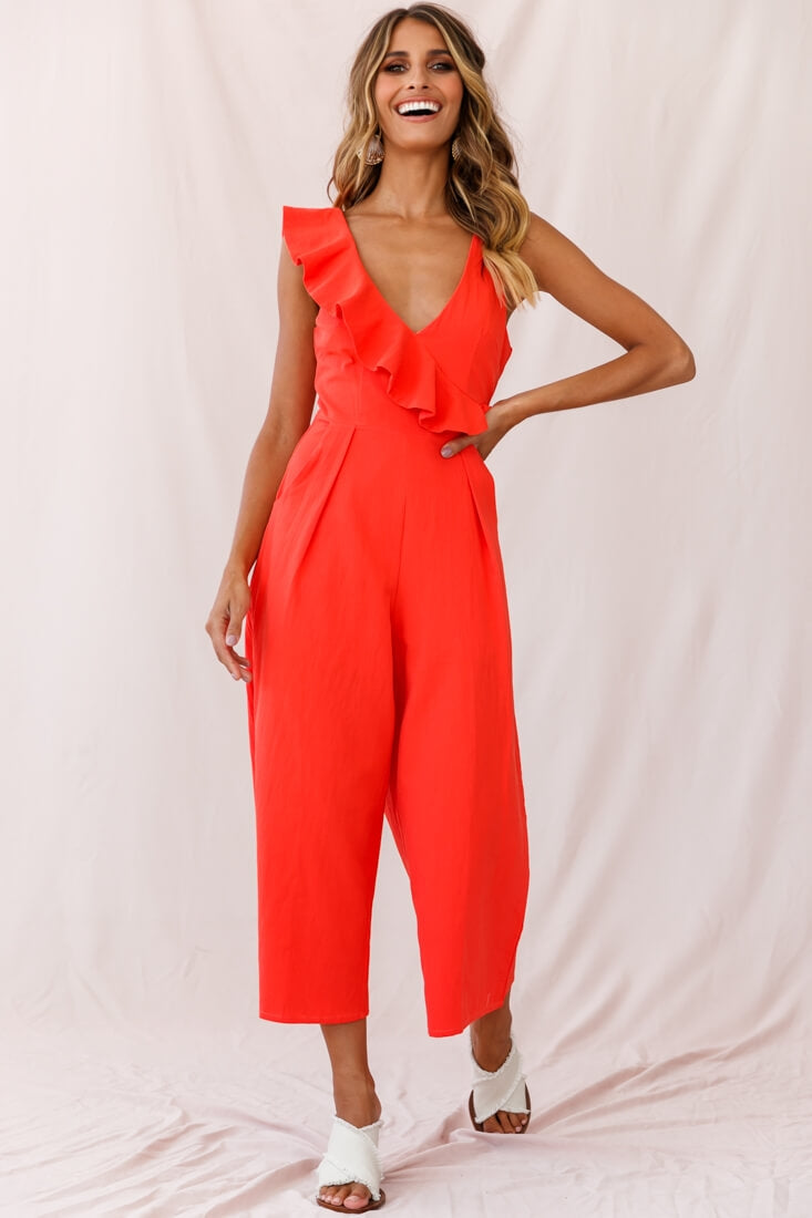 Cheryl Ruffle Strap Wide Leg Jumpsuit Tangerine