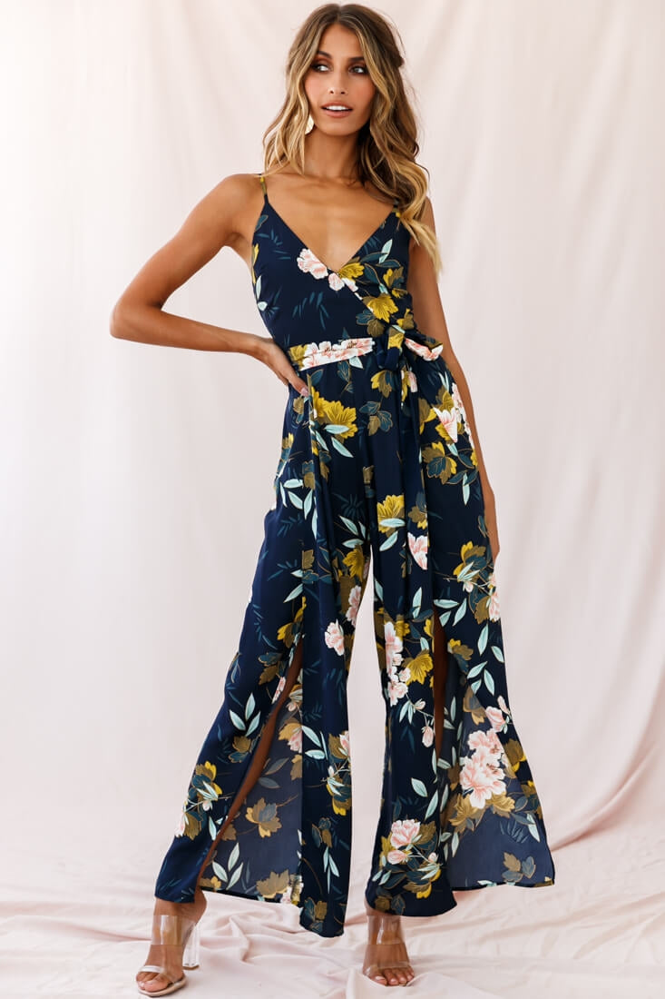 Carrie High Slit Cami Jumpsuit Navy