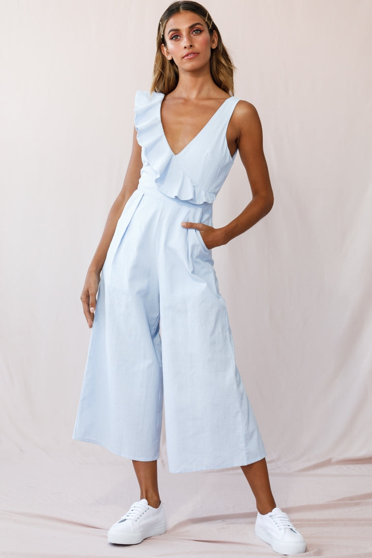 Cheryl Ruffle Strap Wide Leg Jumpsuit Steel Blue