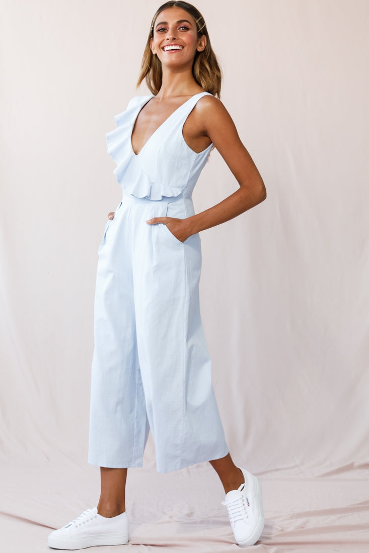 Cheryl Ruffle Strap Wide Leg Jumpsuit Steel Blue