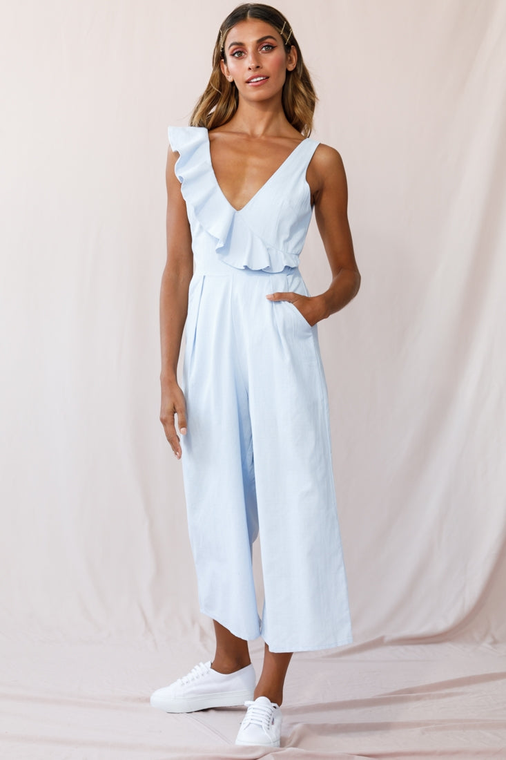 Cheryl Ruffle Strap Wide Leg Jumpsuit Steel Blue