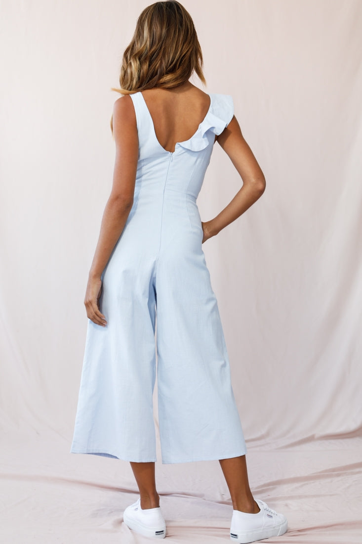 Cheryl Ruffle Strap Wide Leg Jumpsuit Steel Blue