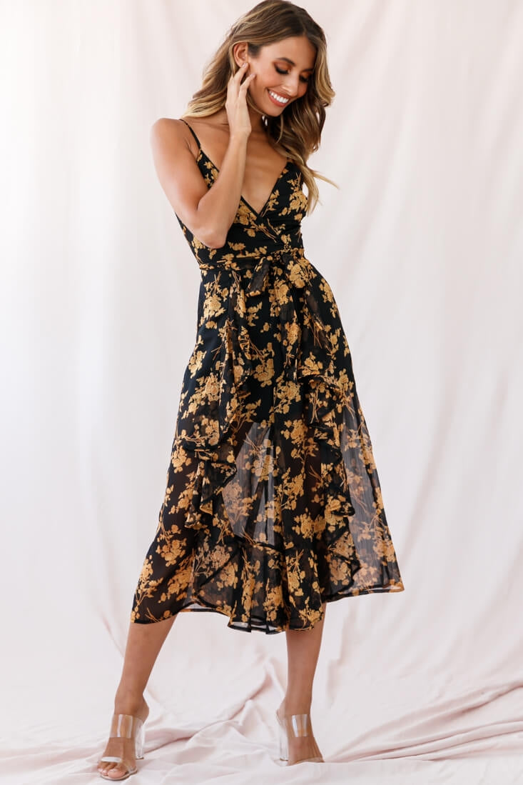 Constance Thin Strap Midi Jumpsuit Black/Orange Flower