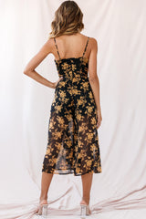 Constance Thin Strap Midi Jumpsuit Black/Orange Flower