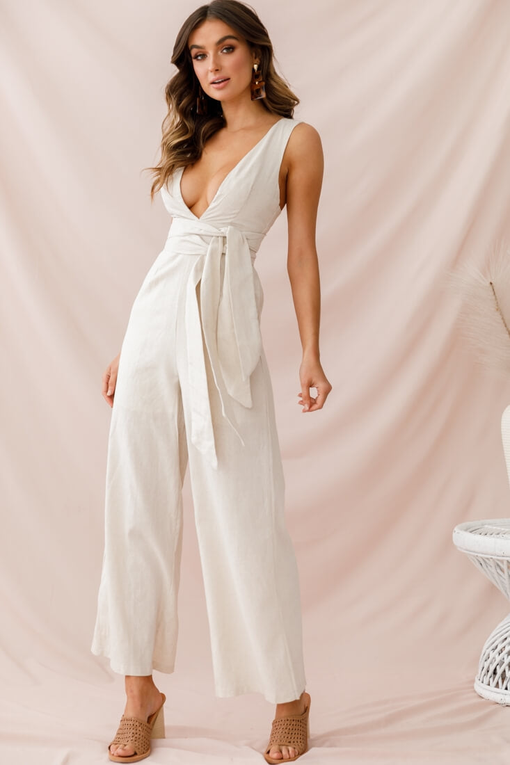Dylan V-Neckline Wide Leg Jumpsuit Beige